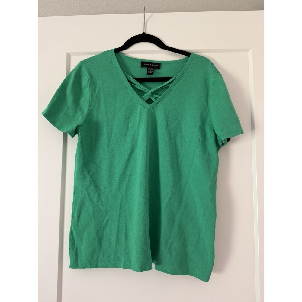 Cable & Gauge Women's Green Solid Knit V-Neck Criss-Cross Sweater XL